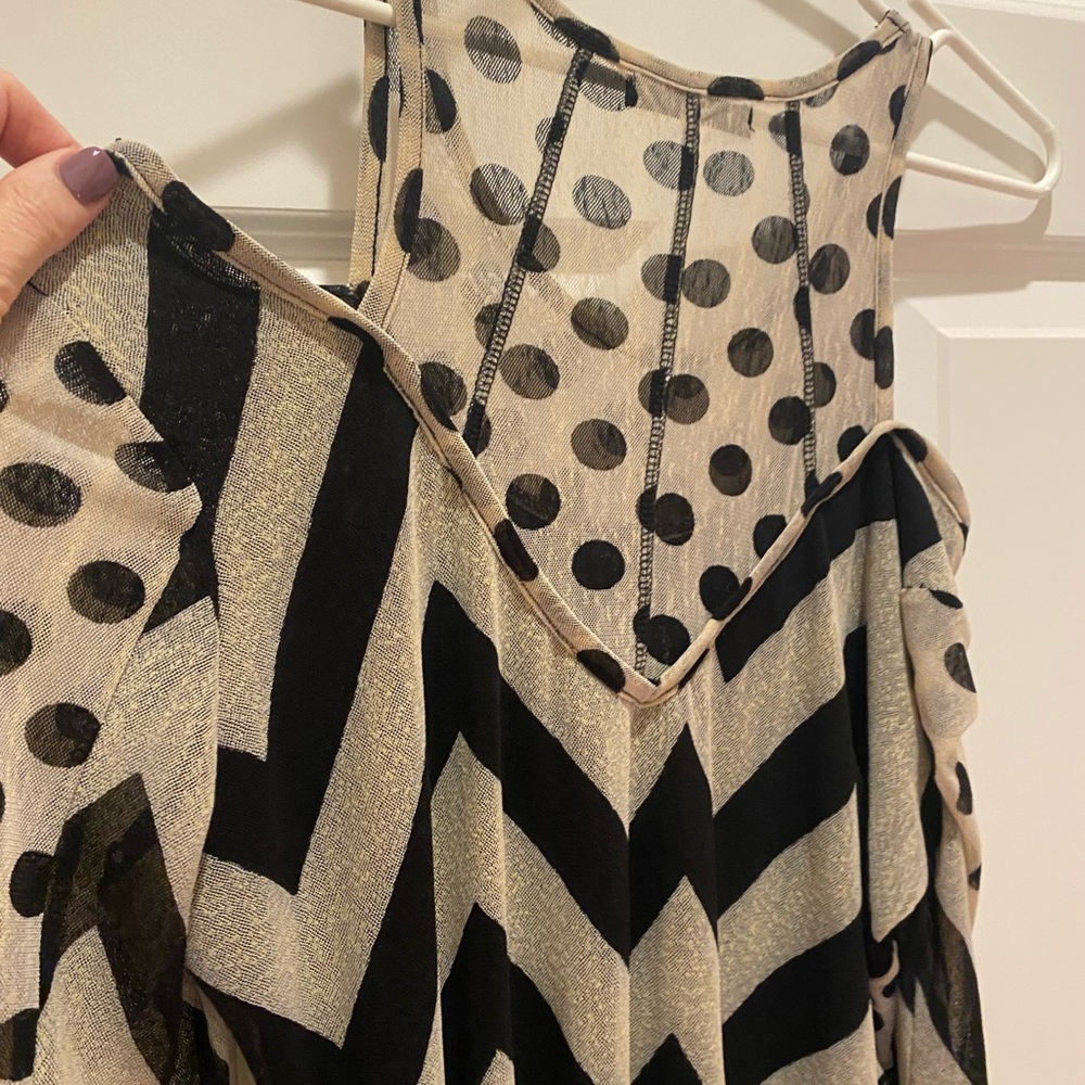 MERCHANT BLACK  AND BEIGE POLKA DOT “COLD SHOULDER”  LONG SLEEVE SASSY Blouse.